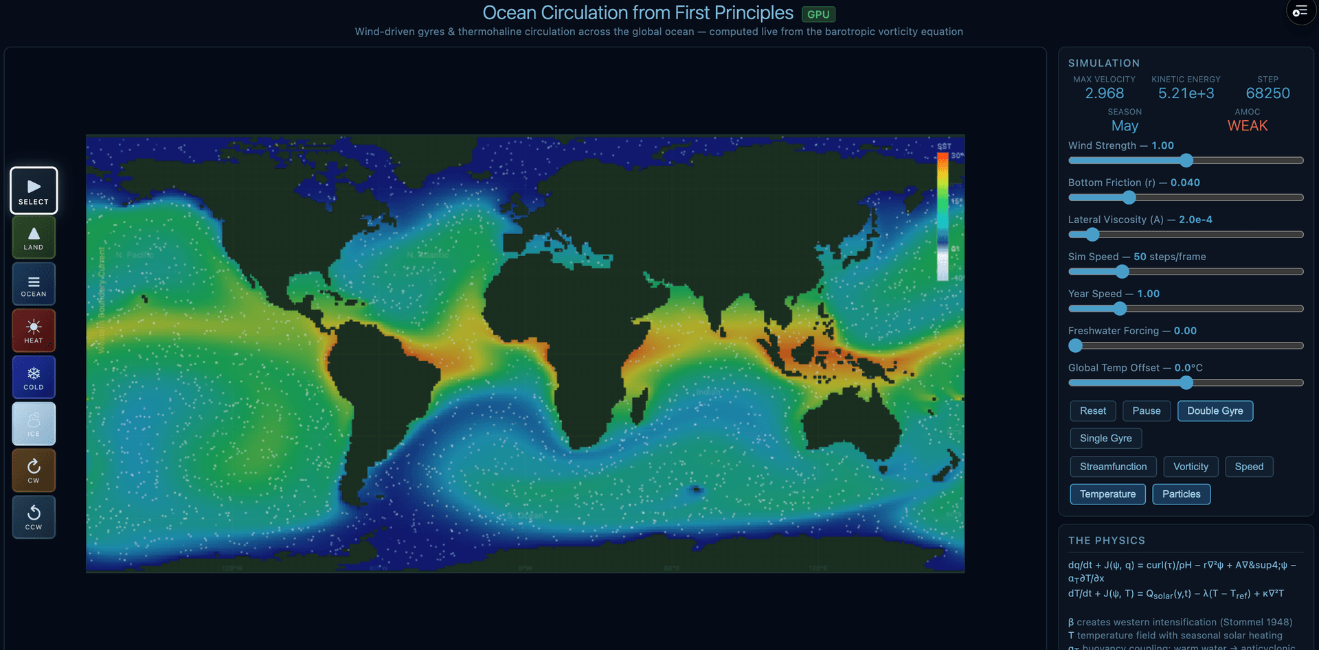 Ocean Circulation Simulator running in the browser