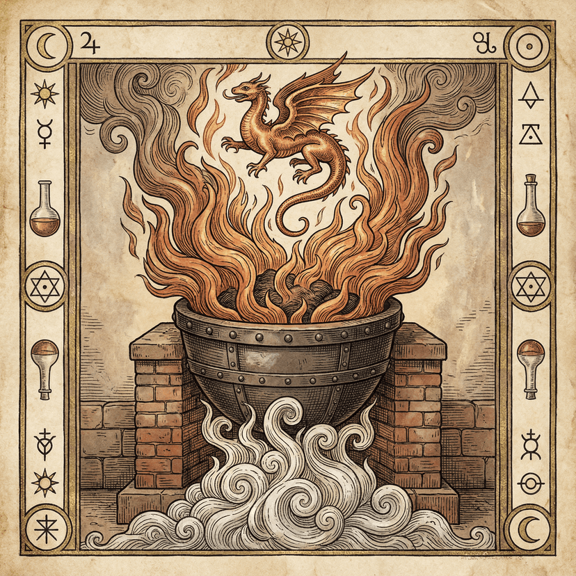 Calcination — dragon rising from flames in an alchemical furnace