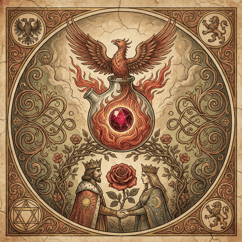 Rubedo — the final alchemical stage, with phoenix rising from the philosopher's stone