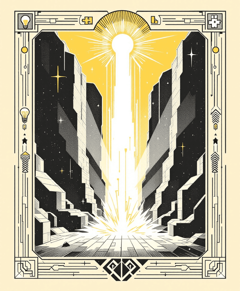 Breakthrough — art deco tower of light piercing darkness