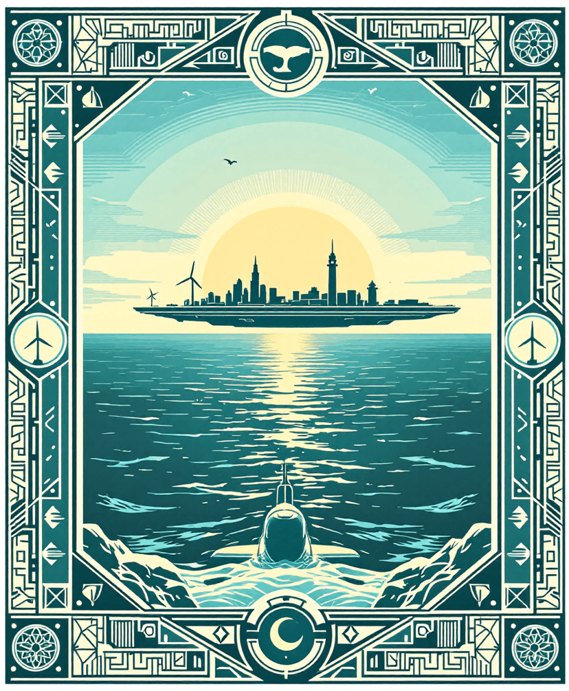 Ocean terrain card showing futuristic coastal city