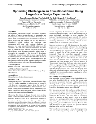 Optimizing Challenge in an Educational Game Using Large-Scale Design Experiments